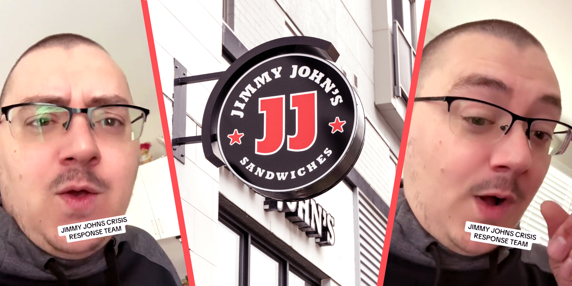 3 panel image, the two outside images are a person wearing glasses explaining. In the middle we see the sign of Jimmy John's Restaurant.