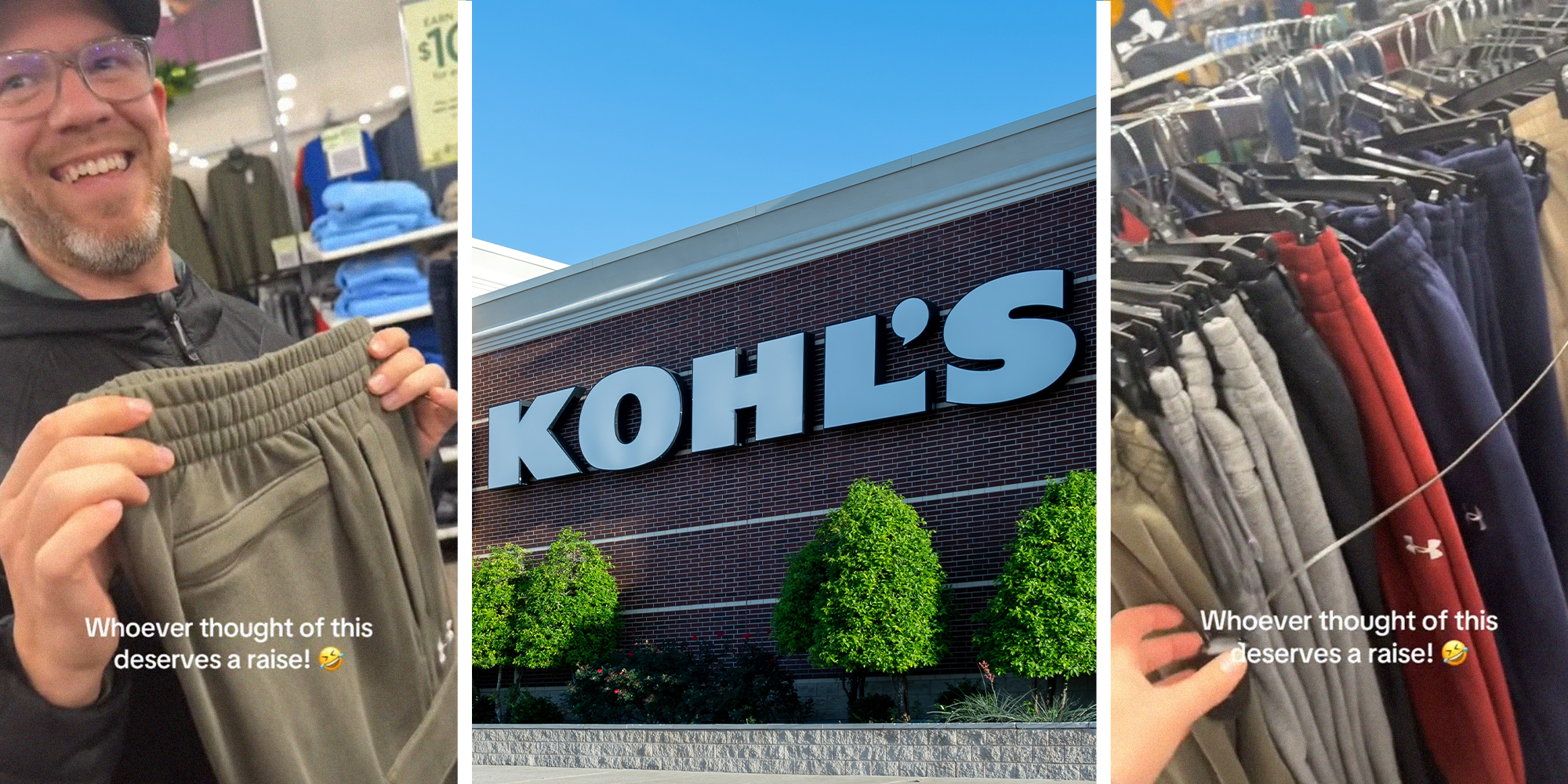 Man holding up pants(l) KOHL'S outdoor sign(c) KOHLS Pants(r)
