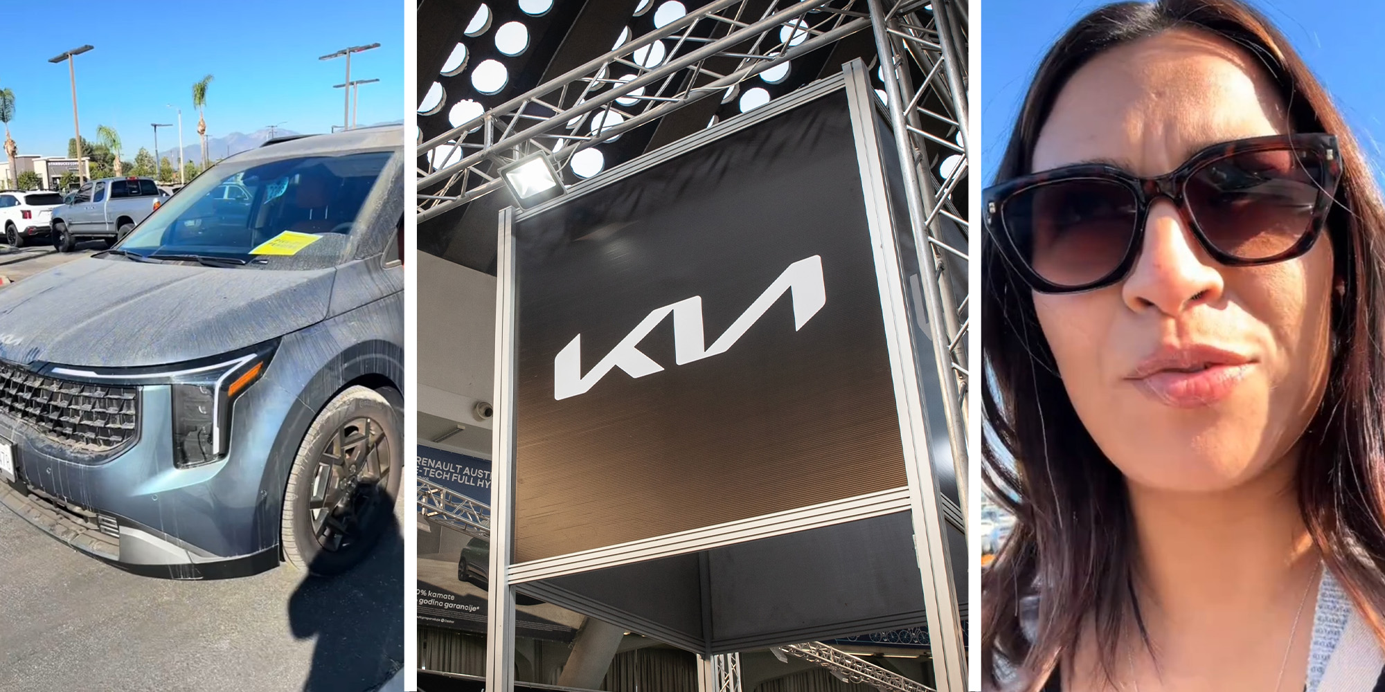 Dusty Kia Carnival(l) KIA dealer sign(c) Woman wearing sunglasses(R)