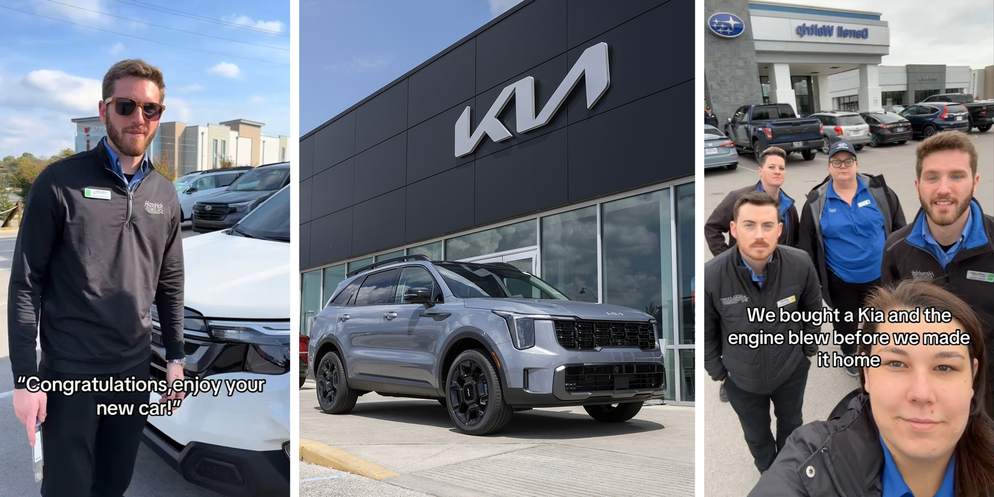 Subaru sales man standing Infront of car(l) Kia Vehicle Infront of dealer(c) Subaru workers Infront of dealership(r)