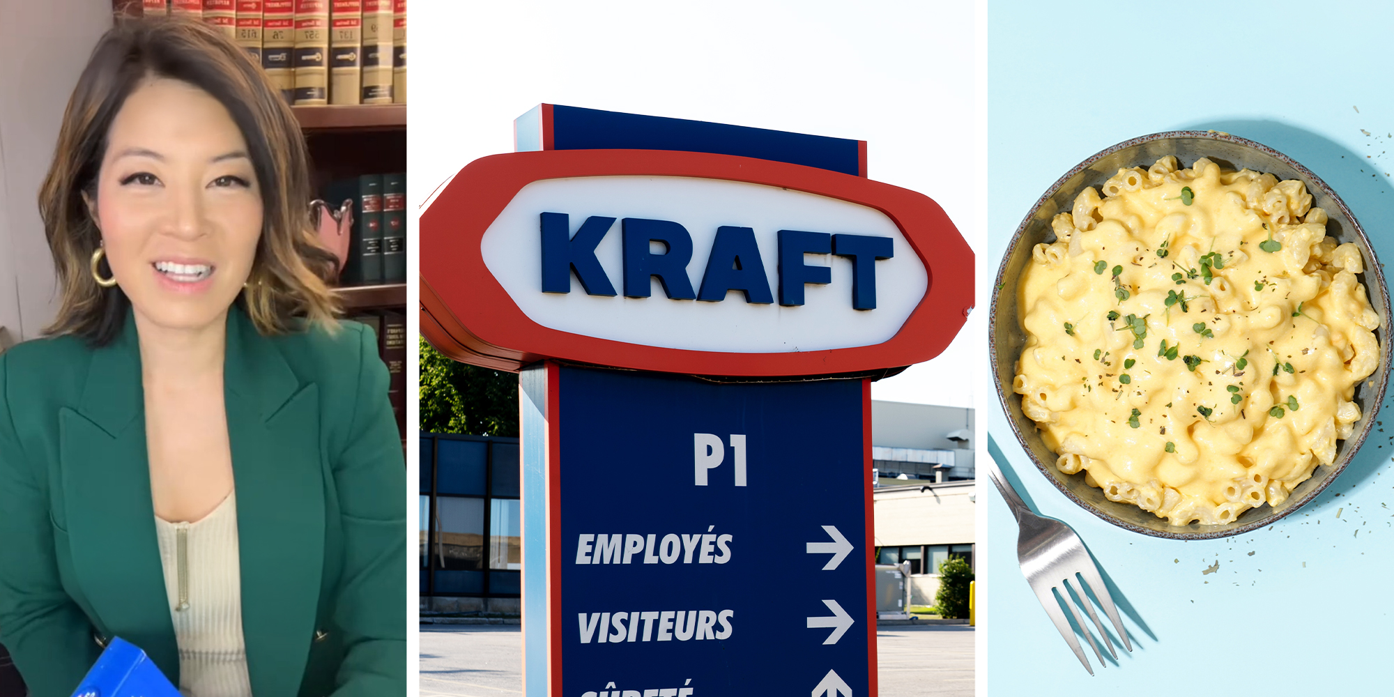 Lawyer sharing lawsuit information(l) Kraft Sign(c) Mac and Cheese(r)