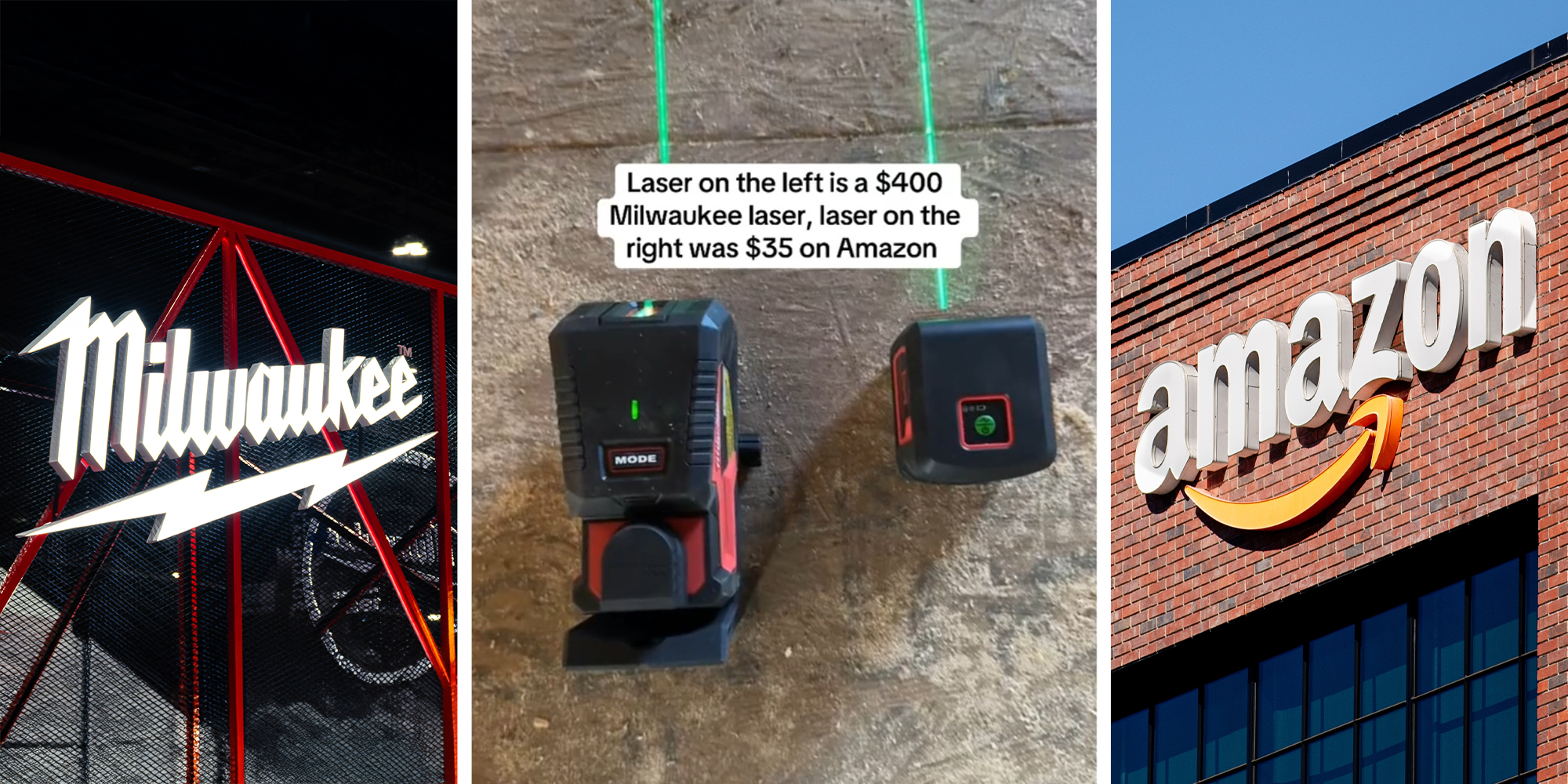 Milwaukee Brand(l) Laser side by side(c) Amazon Logo on building(r)