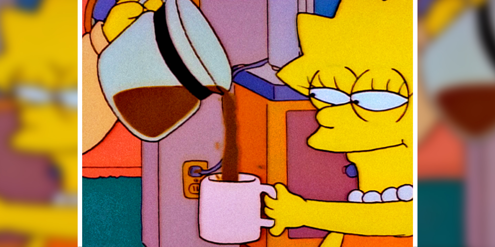 Still image from the tv series The Simpsons. Lisa Simpson is holding a mug while another character pours coffee in it.