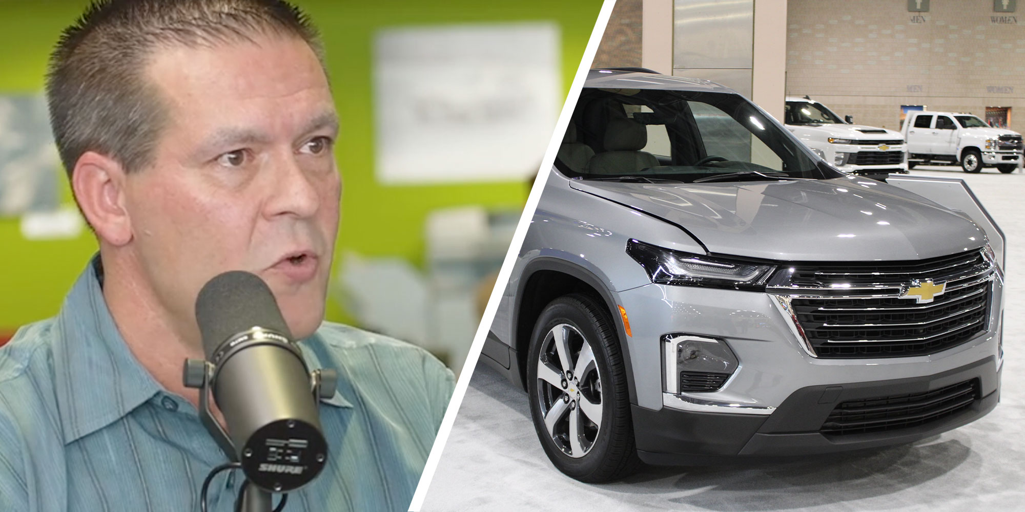 Two panel design with one showing a man talking at a mic, and two showing a Chevy Traverse in a showroom.