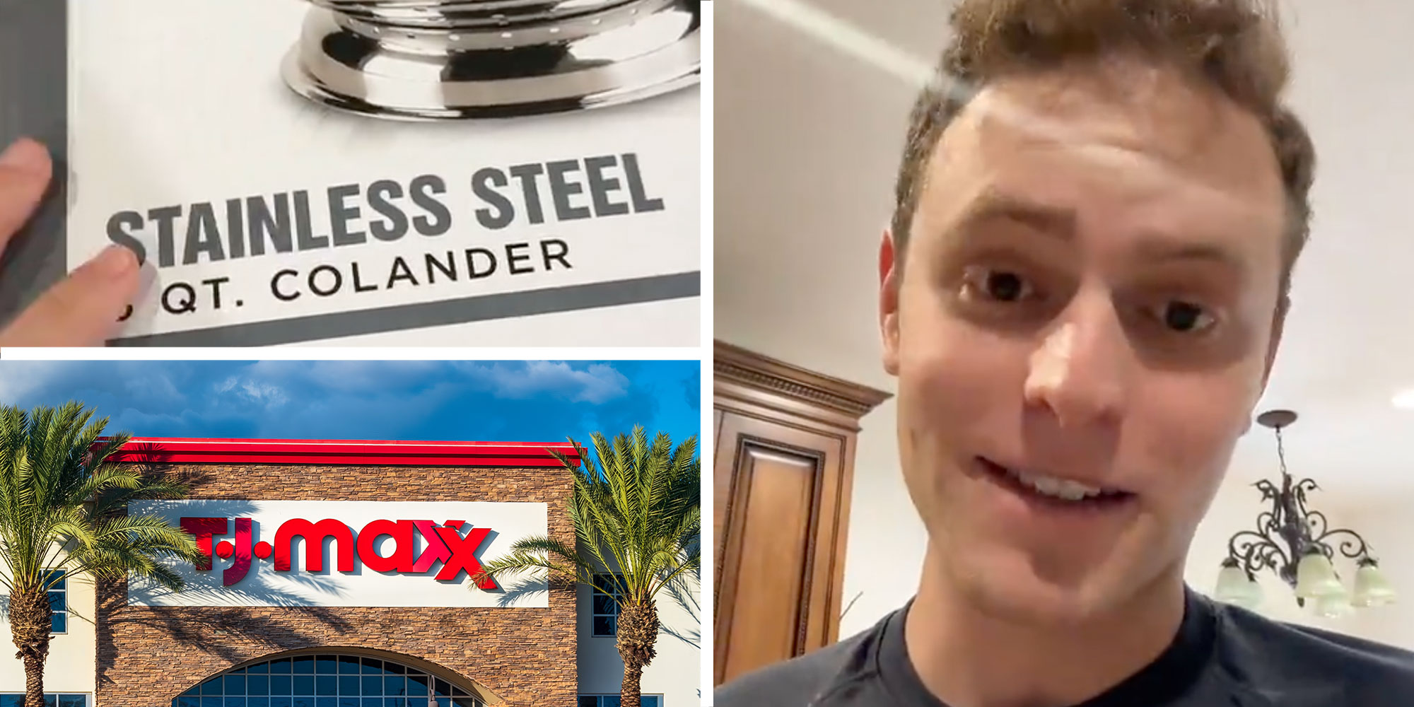 A three panel design with a close up of a package that reads "stainless steel", over an image of a TJ MAxx store, next to an iamge of a man looking confused