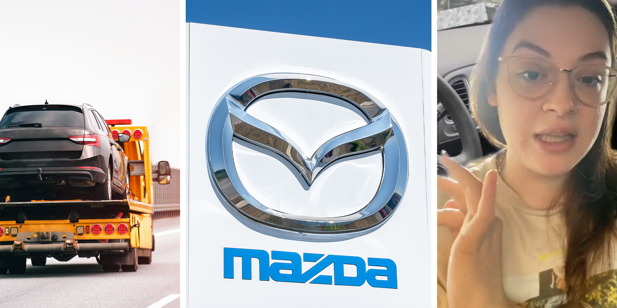 Vehicle being Towed(l) Mazda Dealer Sign(c) Woman sharing information about a Mazda car being towed(r)