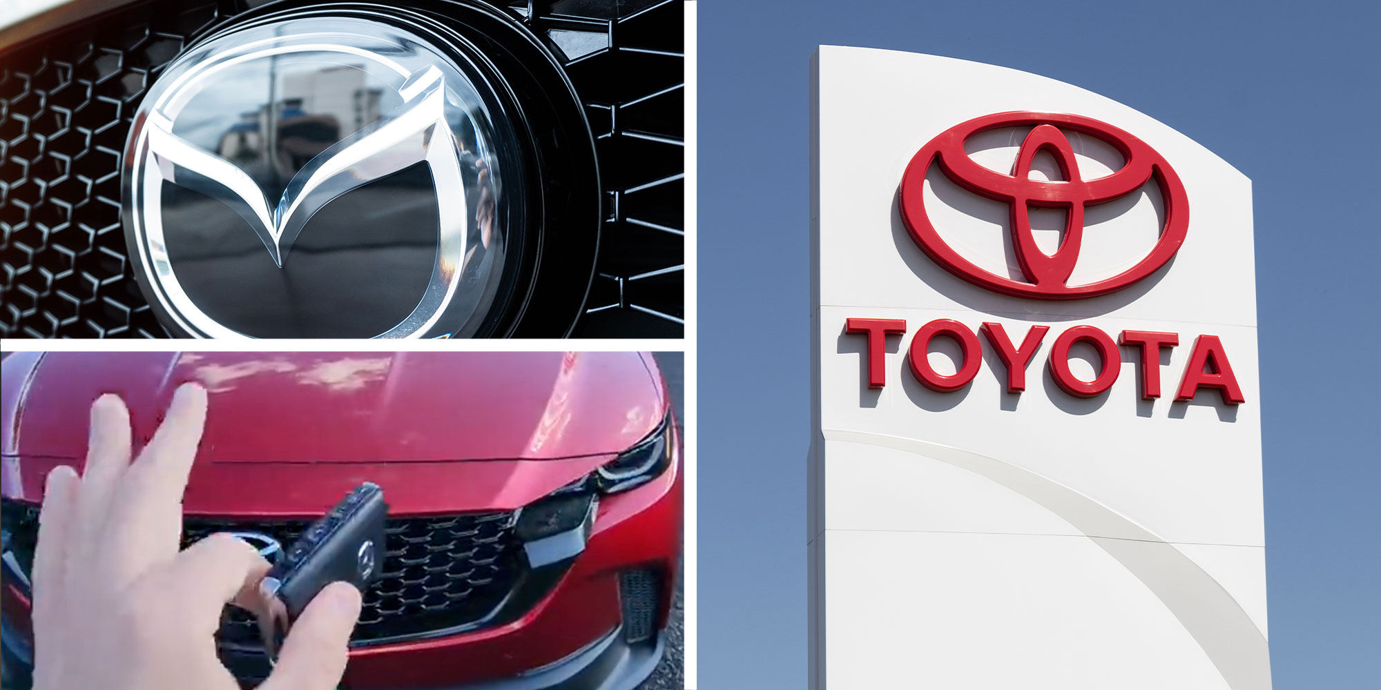 three panel design with first panel showing a mazda grill with logo, the 2nd panel is a person holding keys in front on a car, and the final pane is a Toyota sign.
