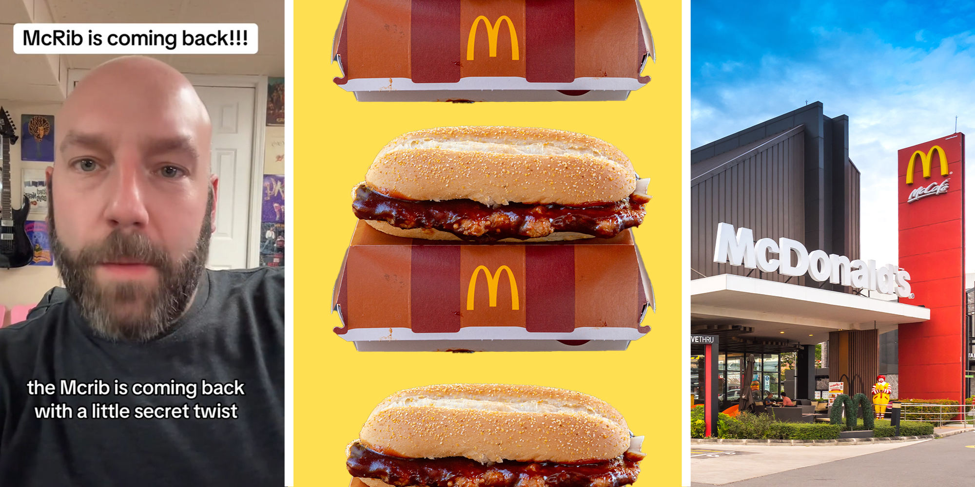Former McDonalds Chef Shares New McRib secret(l) McRib(c) McDonalds Building(r)