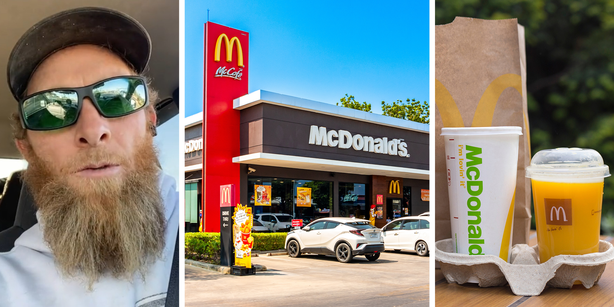 Man sharing information about McDonalds Advertisement(l) McDonalds Restaurant(c) McDonalds Meal with Orange juice(r)