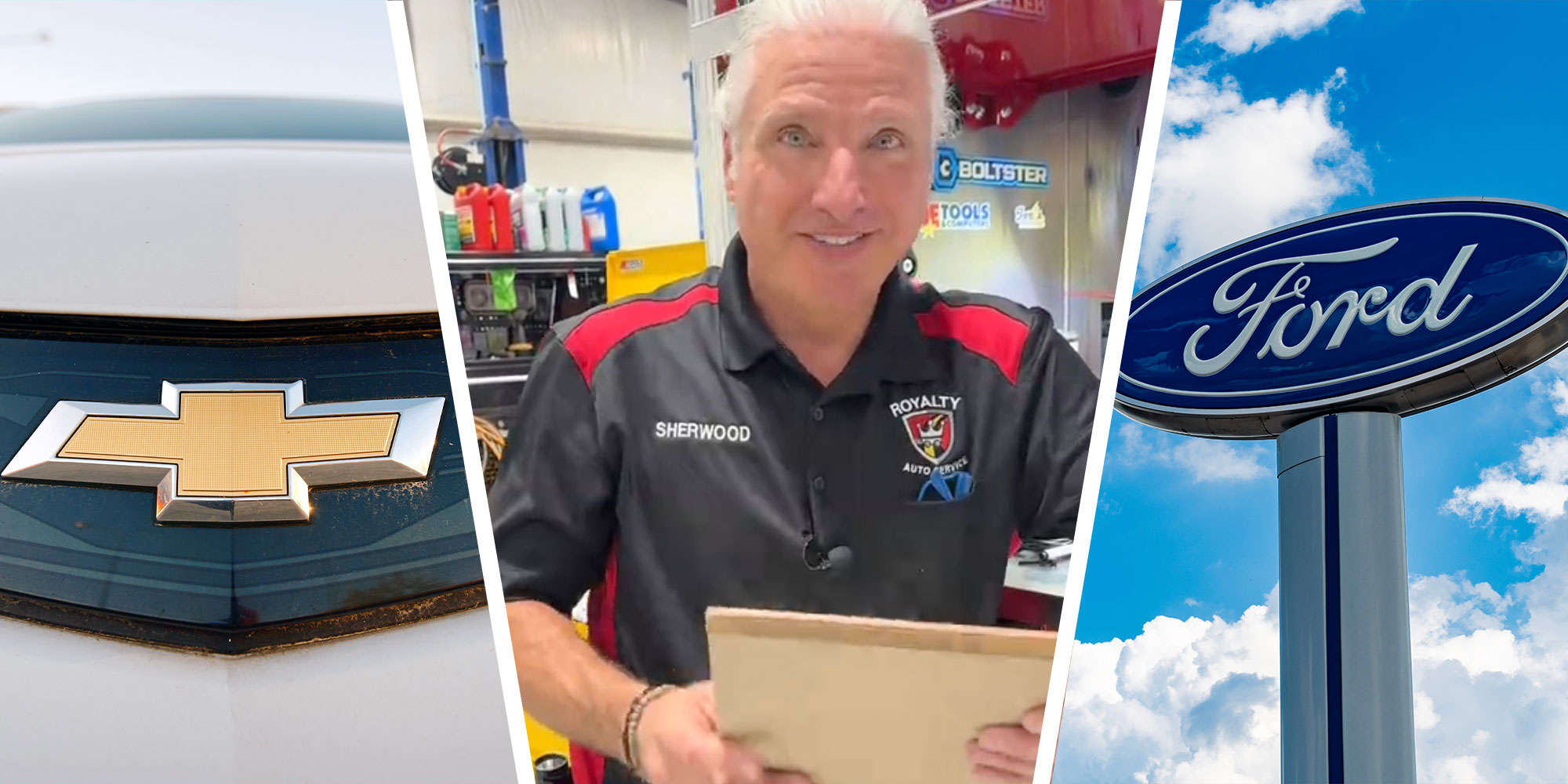 three panel design with a Chevy grill in one, a mechanic talking in two, and Ford sign in three.