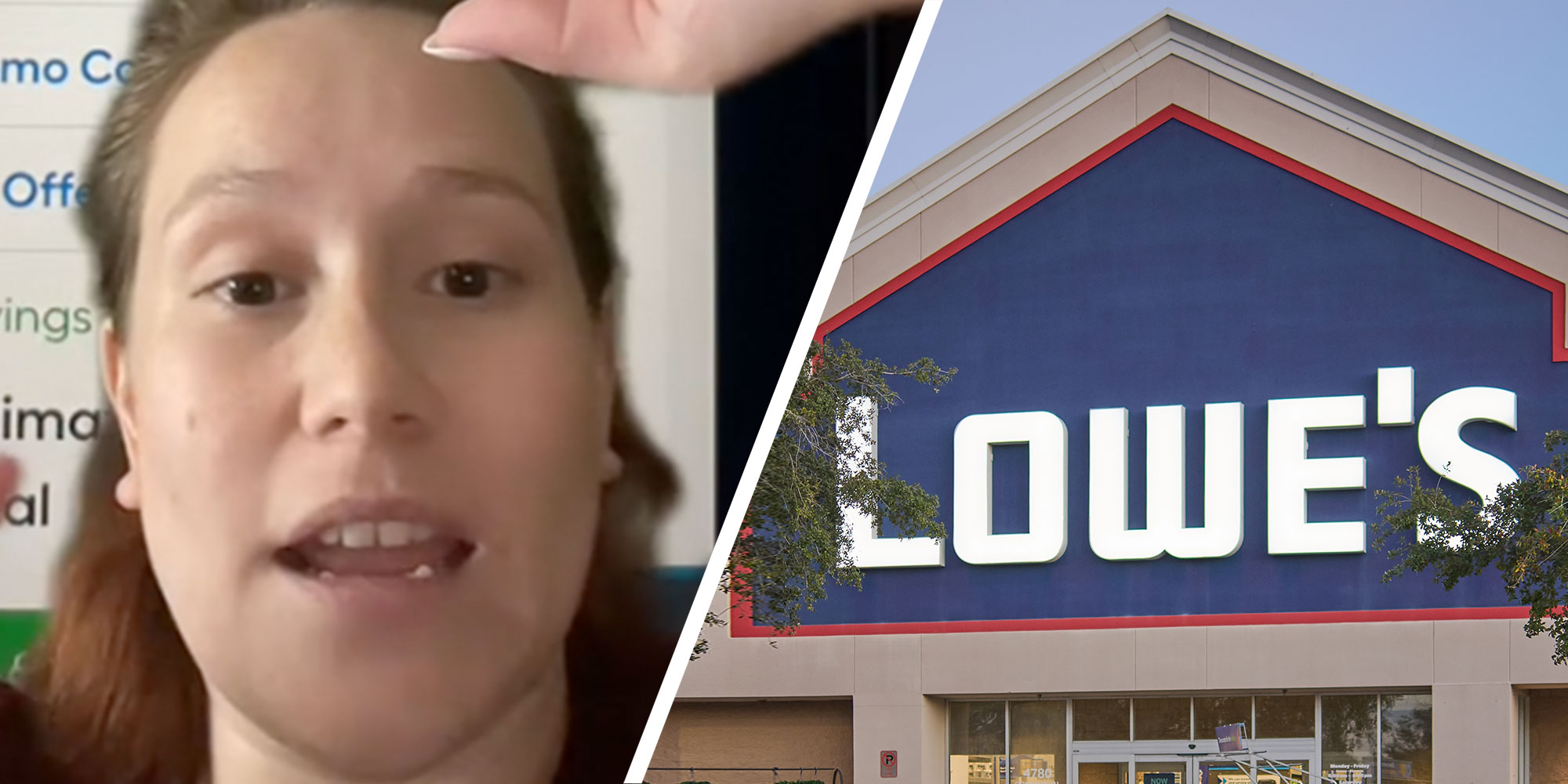Two panel dfesign with one showing a woman talking, and the of the outside of a Lowe's store.