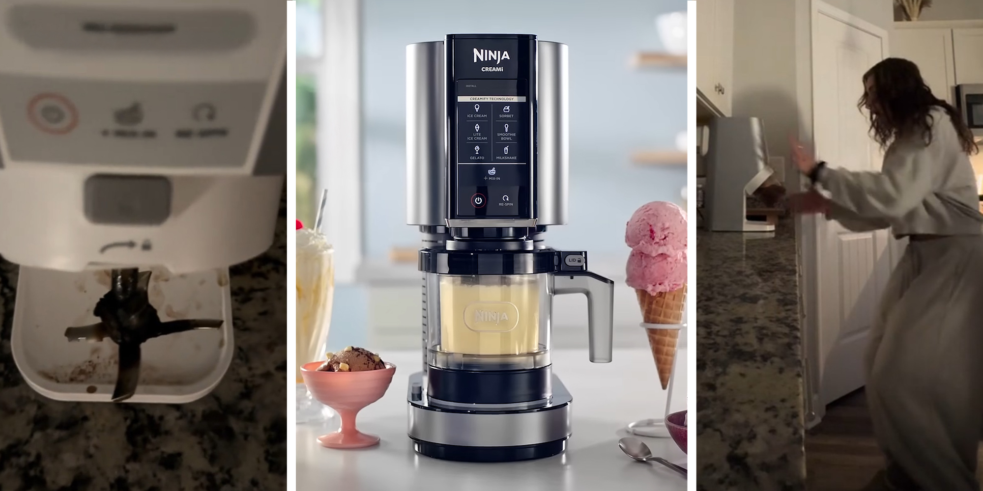 Ninja Creami Broken Blades(l) Ninja Creami(c) Woman checking her Ninja Creami(r)
