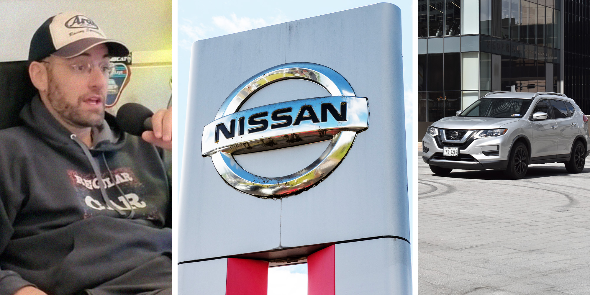 Man holding Mic(l) Nissan Dealer Sign(c) Nissan Rogue(r)