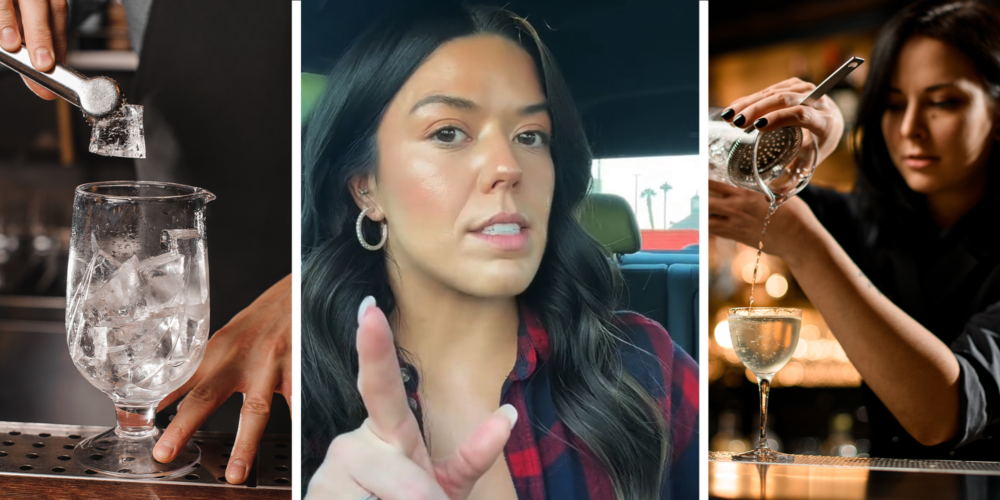 Ice on cup(l) Bartender sharing tip on TikTok(c) Female Bartender pouring drink on cup(r)