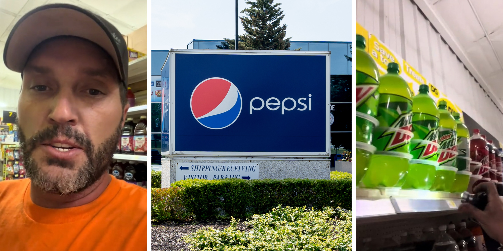 Man in Store(l) Pepsi Sign(c) Mountain Dew on Shelves(r)