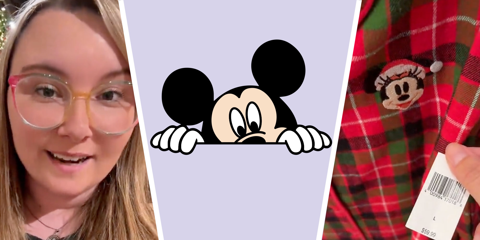 Three panel design with one showing a woman looking at the camera, she is smiling. The middle panel is a Mickey mouse who is hiding, and the last panel is a shot of PJ's that have a Minnie mouse embroidered but seems to cost more.