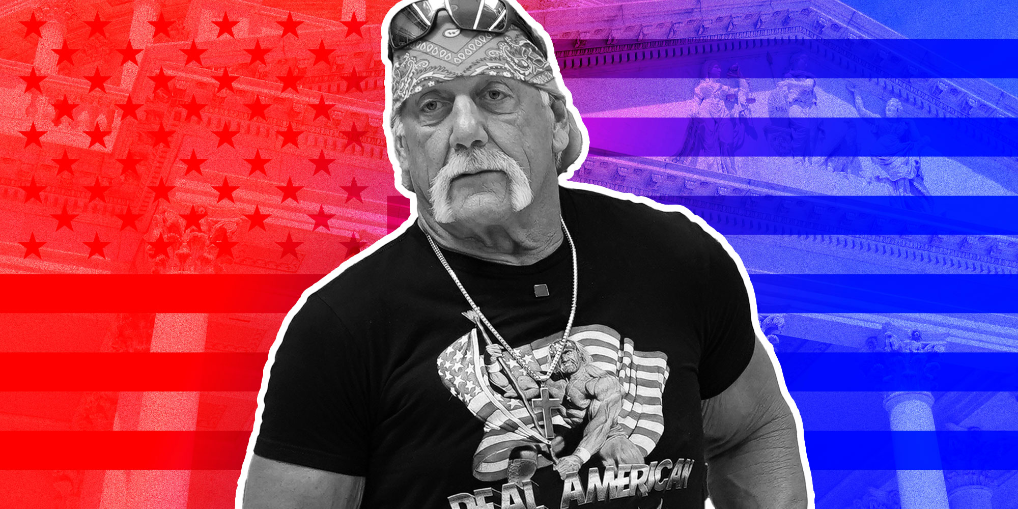 single panel design with a background showing an American flag that with a gradient red to blue background. There is an overlay of the capital building as well. The main figure is Hulk Hogan.
