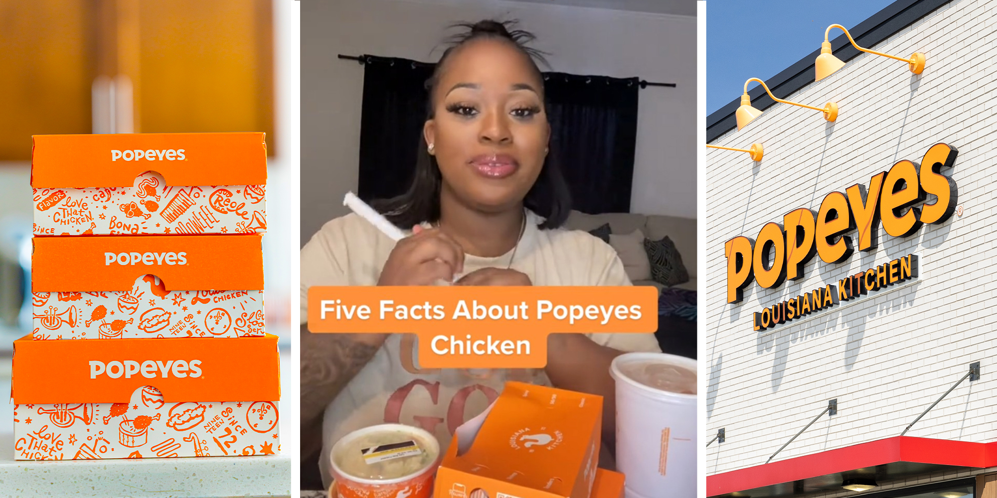 Popeyes Boxes(l) Woman sharing five facts about Popeyes Chicken(c) Popeyes Restaurant Front(r)