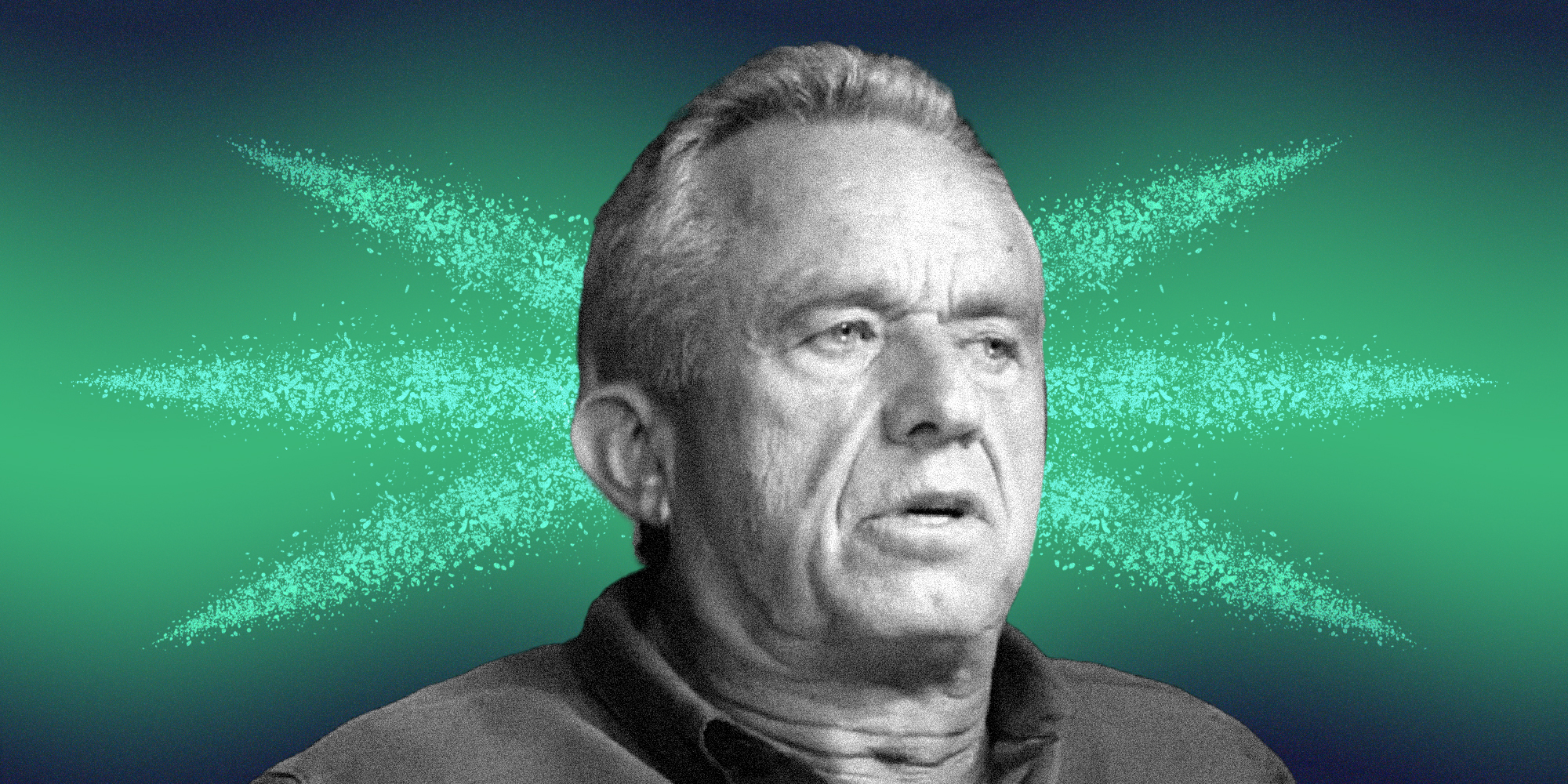 The politician Robert Kennedy Jr. is in front of a background with a white powder-y substance.