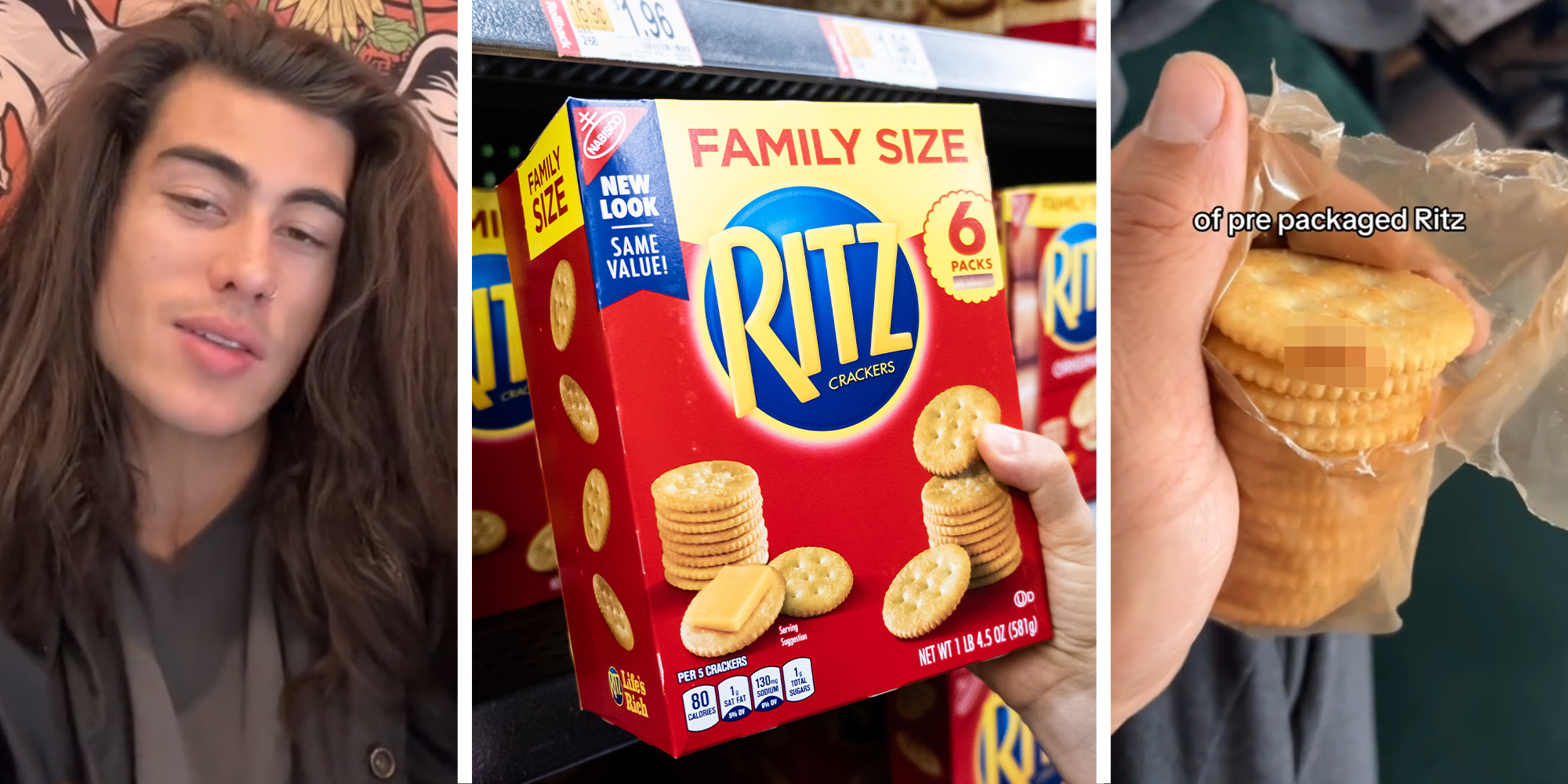 Man sharing on TikTok what he found on his Ritz(l) Holding up a box of Family Size Ritz(c) Holding opened packaged of Ritz(r)