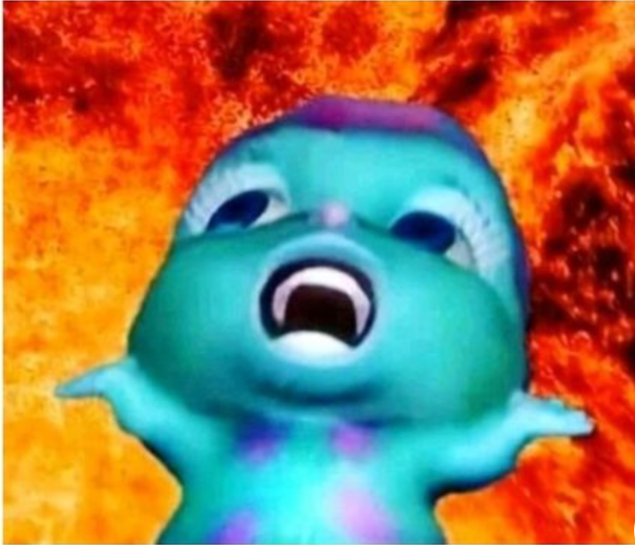 A modified "Bibble" meme (green and blue creature) shouting to the heavens while fire engulfs him