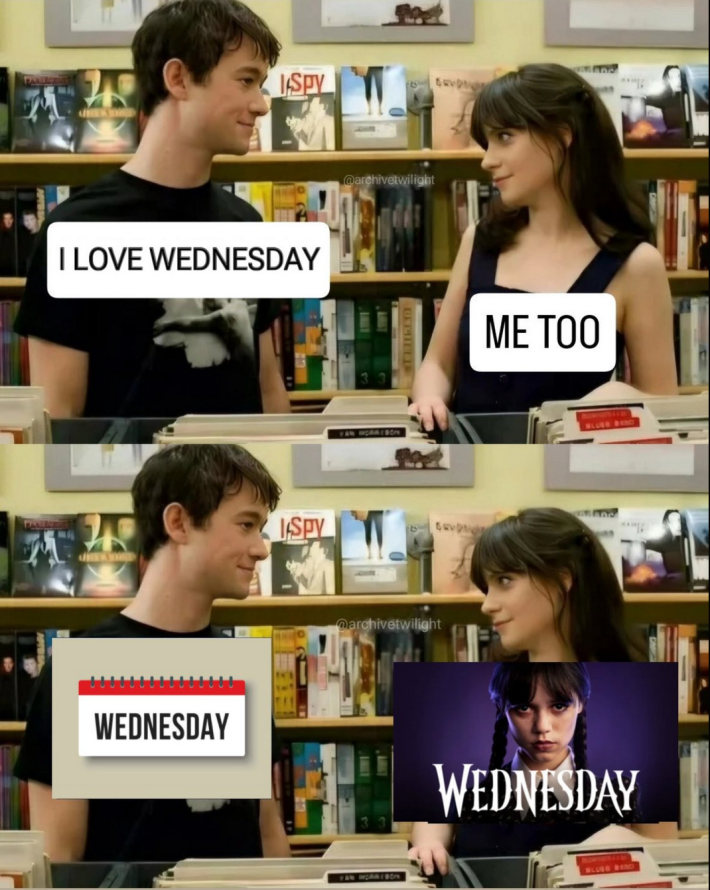 A variation on the "I love video games meme" but with Wednesday; guy likes the actual day, girl likes the TV show