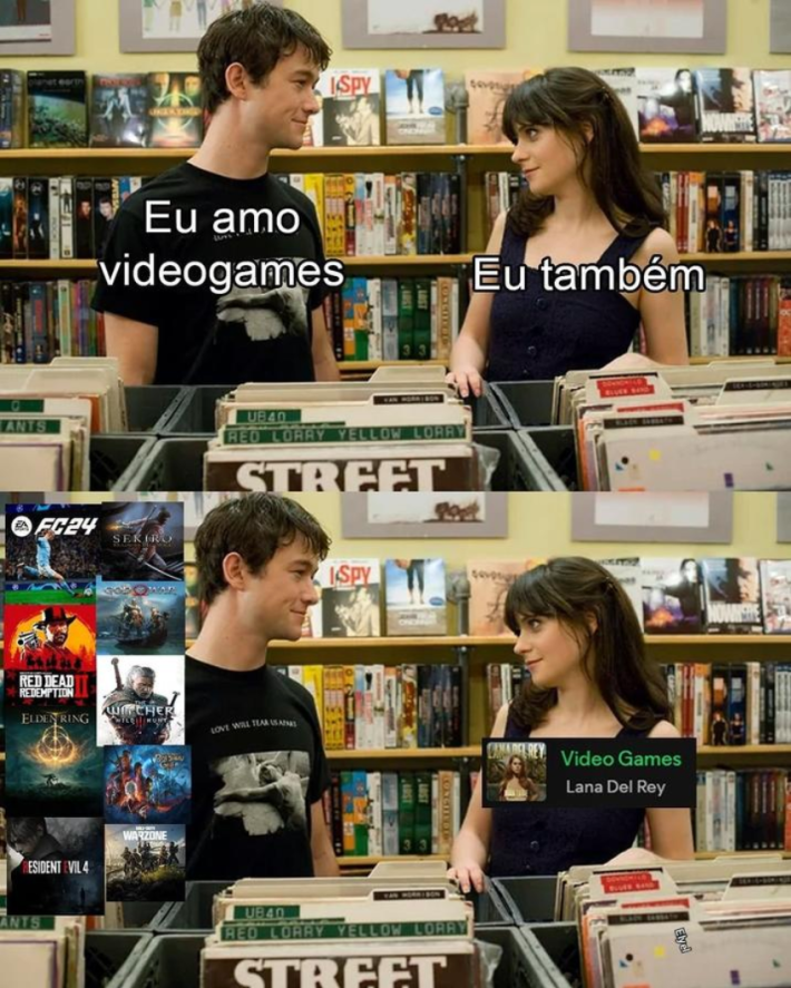 Meme from 500 Days of Summer where one character is asking another "do you like video games" in portugese. The other character replies yes. The first one meant ACTUAL video games, however, and the second meant the song by Lana Del Rey.