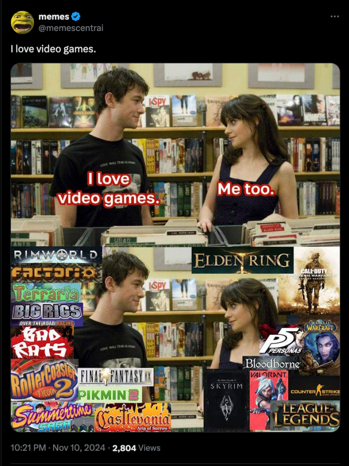 A photo of the "Do you like video games meme" but instead of the Zooey Deschanel character saying "me too" and it referencing the Lana Del Rey Song, her character ALSO likes video games "albeit different ones from the Joseph Gordon Levitt Character.