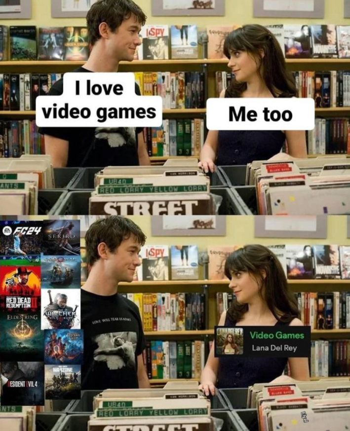 Meme from 500 Days of Summer where one character is asking another "do you like video games" in portugese. The other character replies yes. The first one meant ACTUAL video games, however, and the second meant the song by Lana Del Rey.