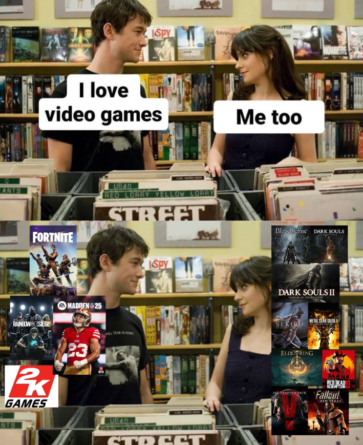 Meme from 500 Days of Summer where one character is asking another "do you like video games" in the first panel, and the other character replies yes. In the second panel, we see the first character likes very basic video games, while the second one likes far more nuanced ones.