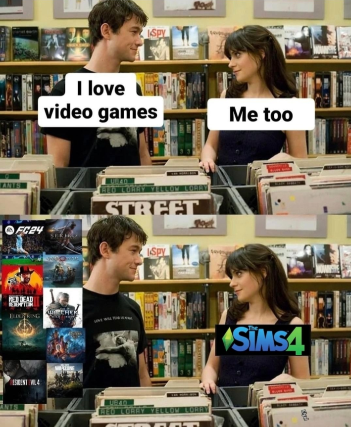 A photo of the "I love video games meme" but instead of the Zooey Deschanel character saying "me too" and it referencing the Lana Del Rey Song, her character likes The Sims