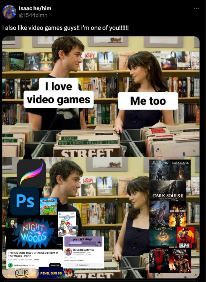 A photo of the "I love video games meme" but the guy likes sillier games and the woman likes darker ones