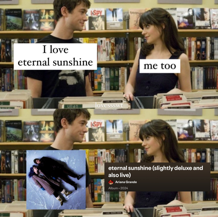 A variation on the "I love video games meme" but with Eternal Sunshine; guy likes the movie, girl likes the Ariana Grande Song