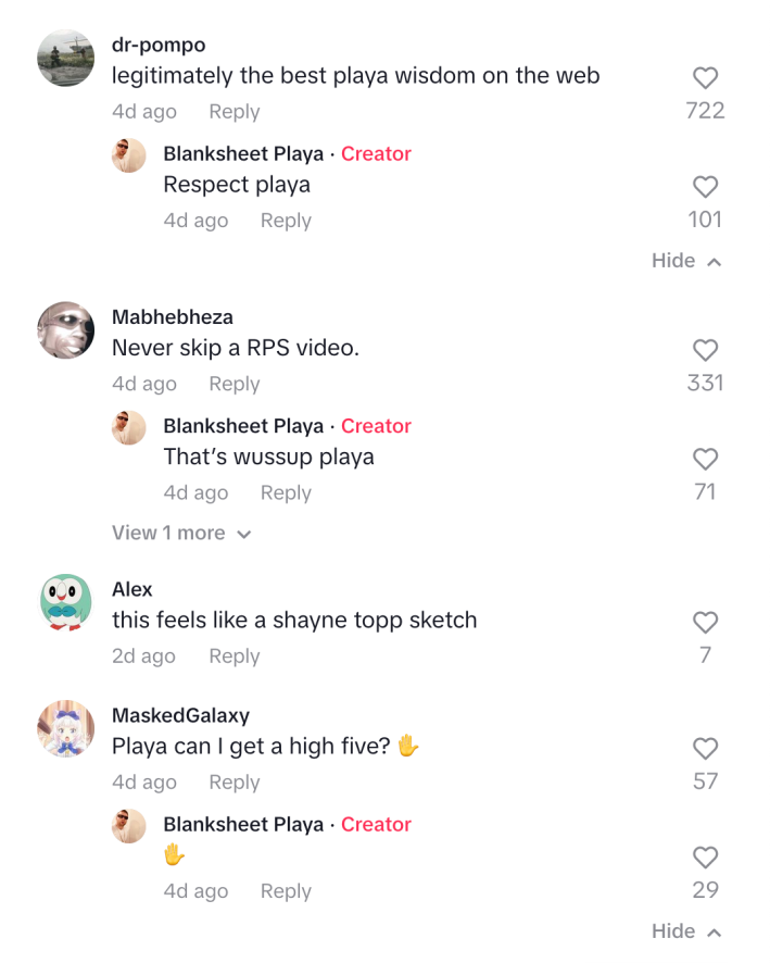 A still from Blanksheet Playa's TikTok, with encouraging responses and Playa's responses to his own comments