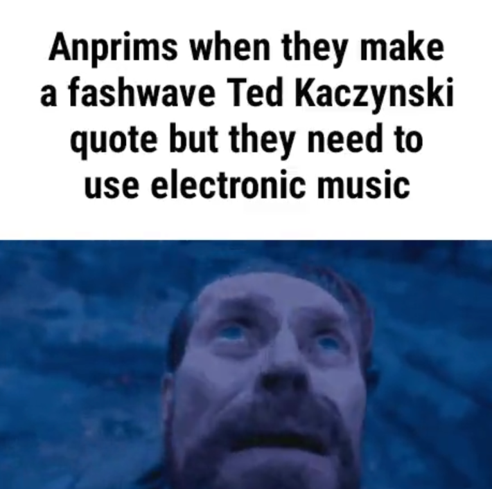 Willem Defoe looking up meme with the caption "Anprims when they make a fashwave Ted Kaczynski quote but they need to use electronic music."