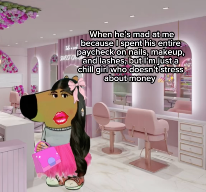 An anthropomorphic dog in a grey sweater and jeans with lots of feminized features, and a "chill girl" caption.