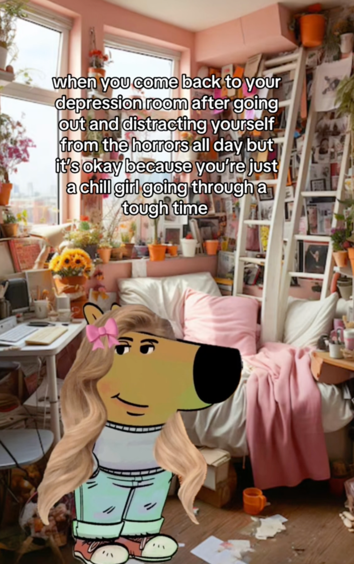 An anthropomorphic dog in a grey sweater and jeans with a blonde ponytail, sitting in a very pink girls bedroom with a "chill girl" caption.