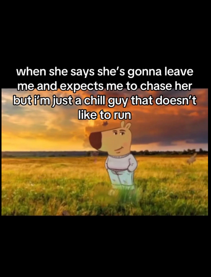 An anthropomorphic dog in a grey sweater and jeans with his hands in his pockets, in a beautiful field. The caption reads "when she says shes gonna leave me and expects me to chase her but I'm just a chill guy that doesn't like to run"