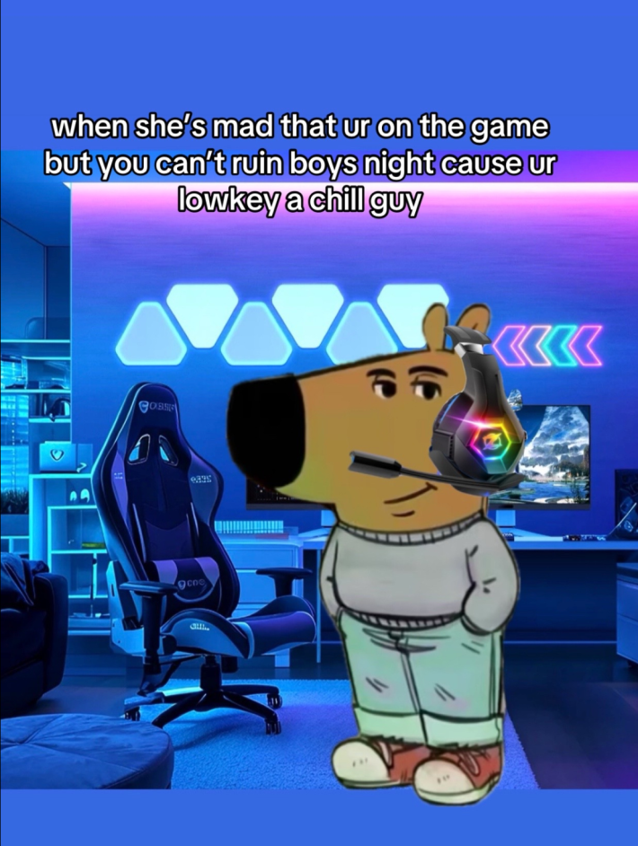 An anthropromorphic dog in a grey sweater and jeans with his hands in his pockets, wearing a gamer headset in a darkened room with a computer. The caption reads "when she's mad but you are on the games but you cant ruin boys night cause ur lowkey a chill guy."
