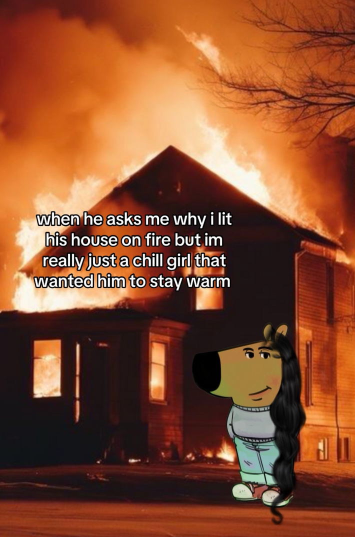 An anthropromorphic dog in a grey sweater and jeans with her hands in her pockets and long dark hair. She's standing next to a burning house. The Caption reads "When he asks me why I lit his house on fire bu I'm really just a chill girl who wanted him to stay warm."