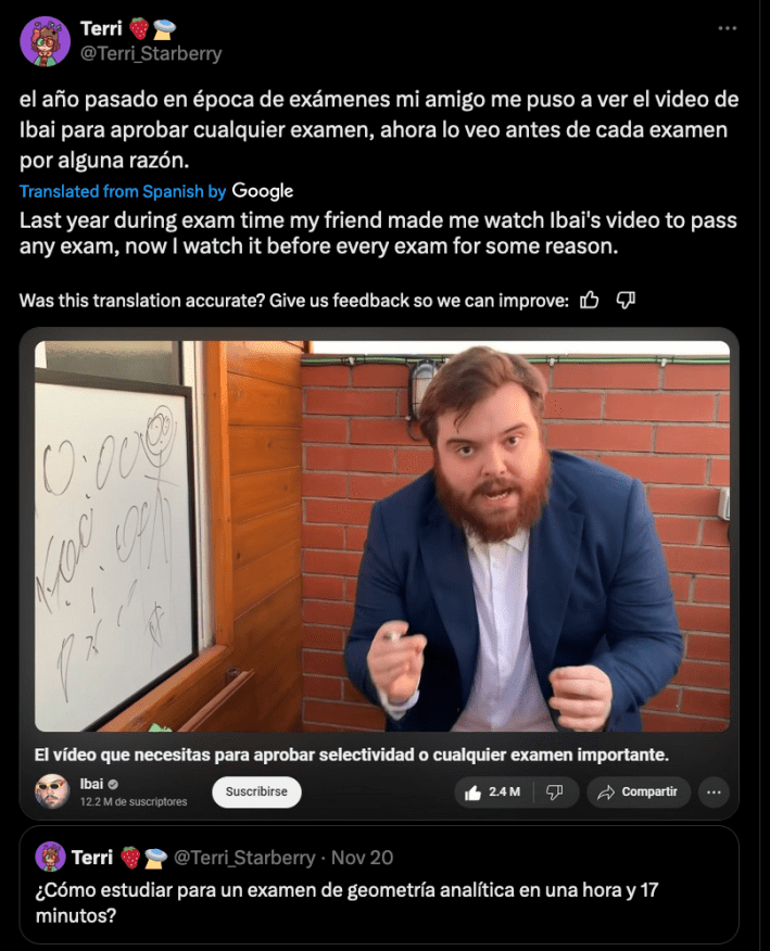 A spanish-speaking X user talking about how they watch the viral whiteboard meme before taking tests