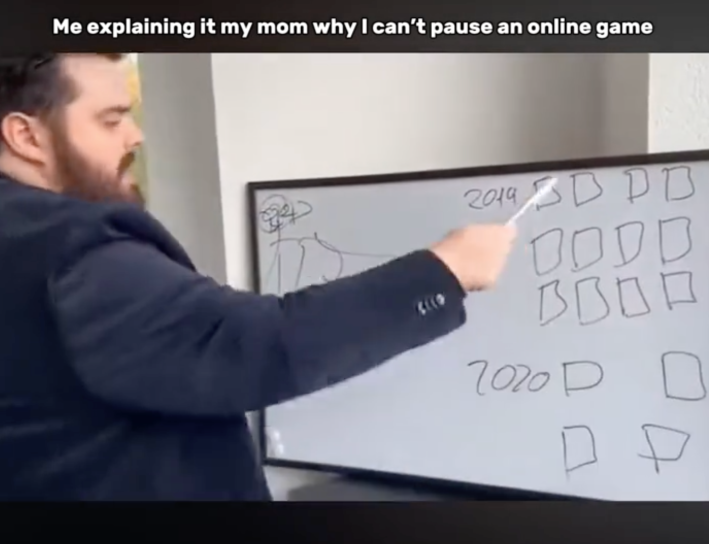 Whiteboard meme "me explaining who I can't pause a game" via TikTok