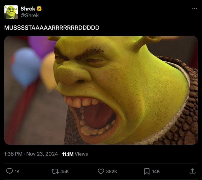 An X post of a still of Shrek with the caption "MUSTARDDDDDD (many Ds)"
