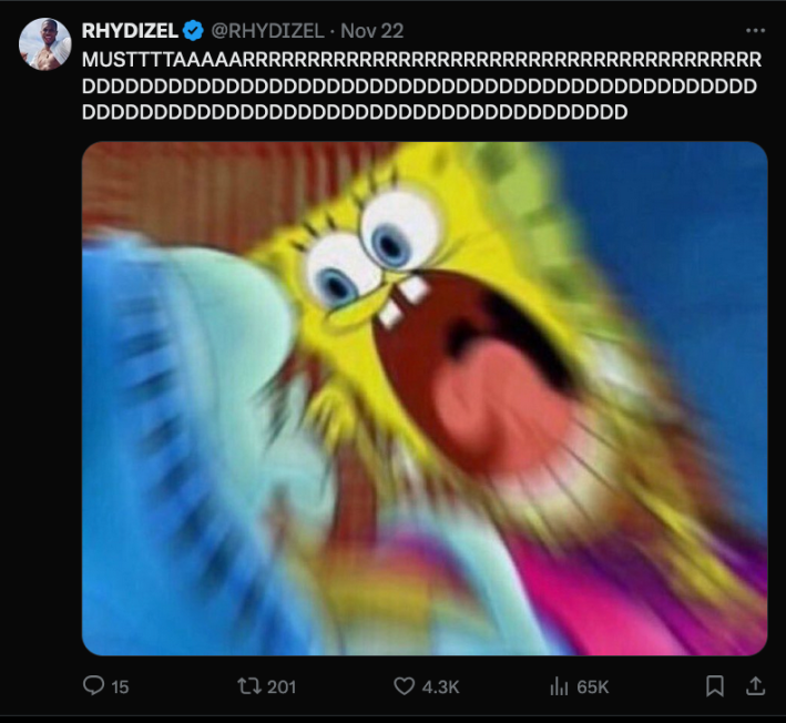 An X post of Spongebob squarepants yelling (in a blurry still) and the caption is "MUSTARD (Lots of Ds)"