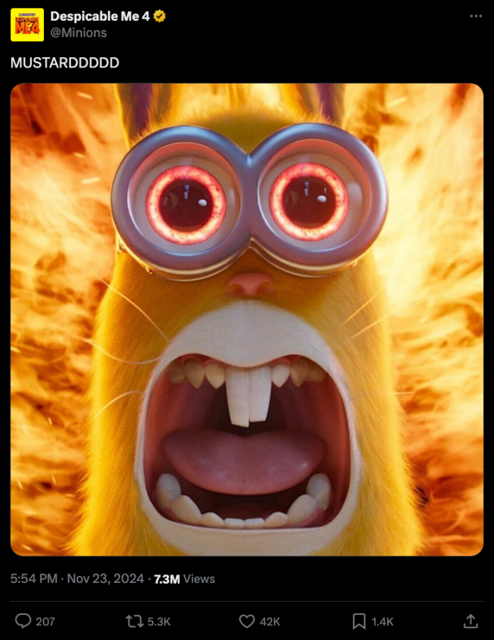 An X post of A Minion yelling, and the caption is "MUSTARD (Lots of Ds)"