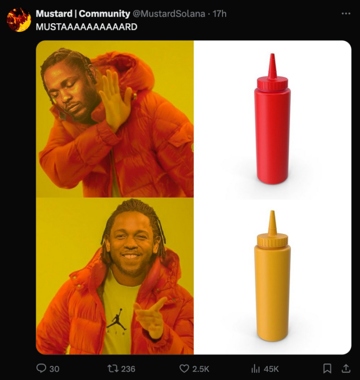 An X post referencing a viral Drake meme but using Kendrick Lamar saying no to ketchup and yes to mustard