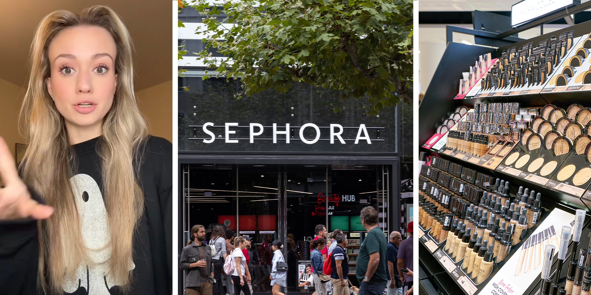 Woman sharing her Sephora shopping experience(l) Sephora Store Front(c) Sephora Makeup Isle(r)