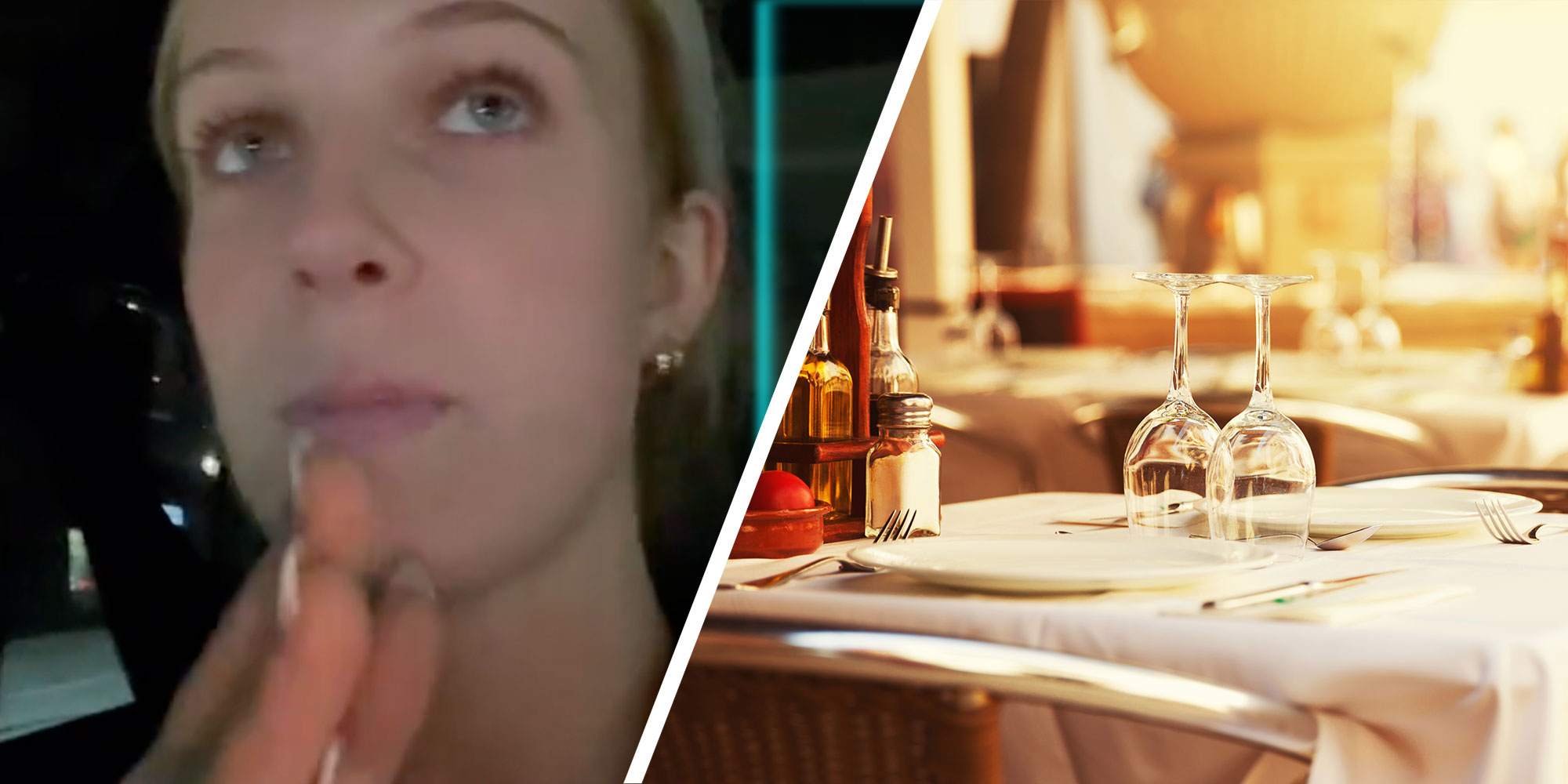 Two panel design with a woman in her car pointing at the camera, and a 2nd image of a nice restaurant