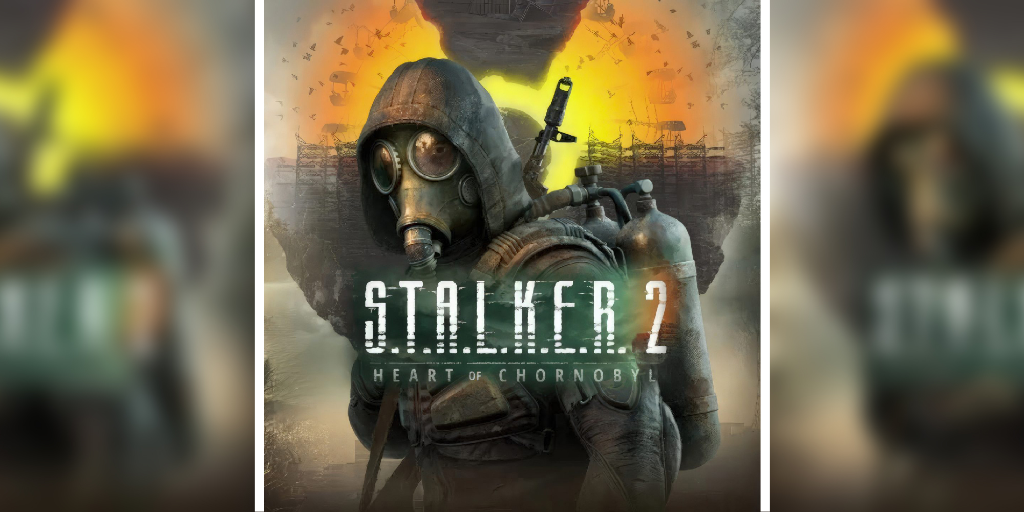 Promotional image from the video game S.T.A.L.K.E.R.2 in which a figure wearing a gas mask stands in front of a fiery background.