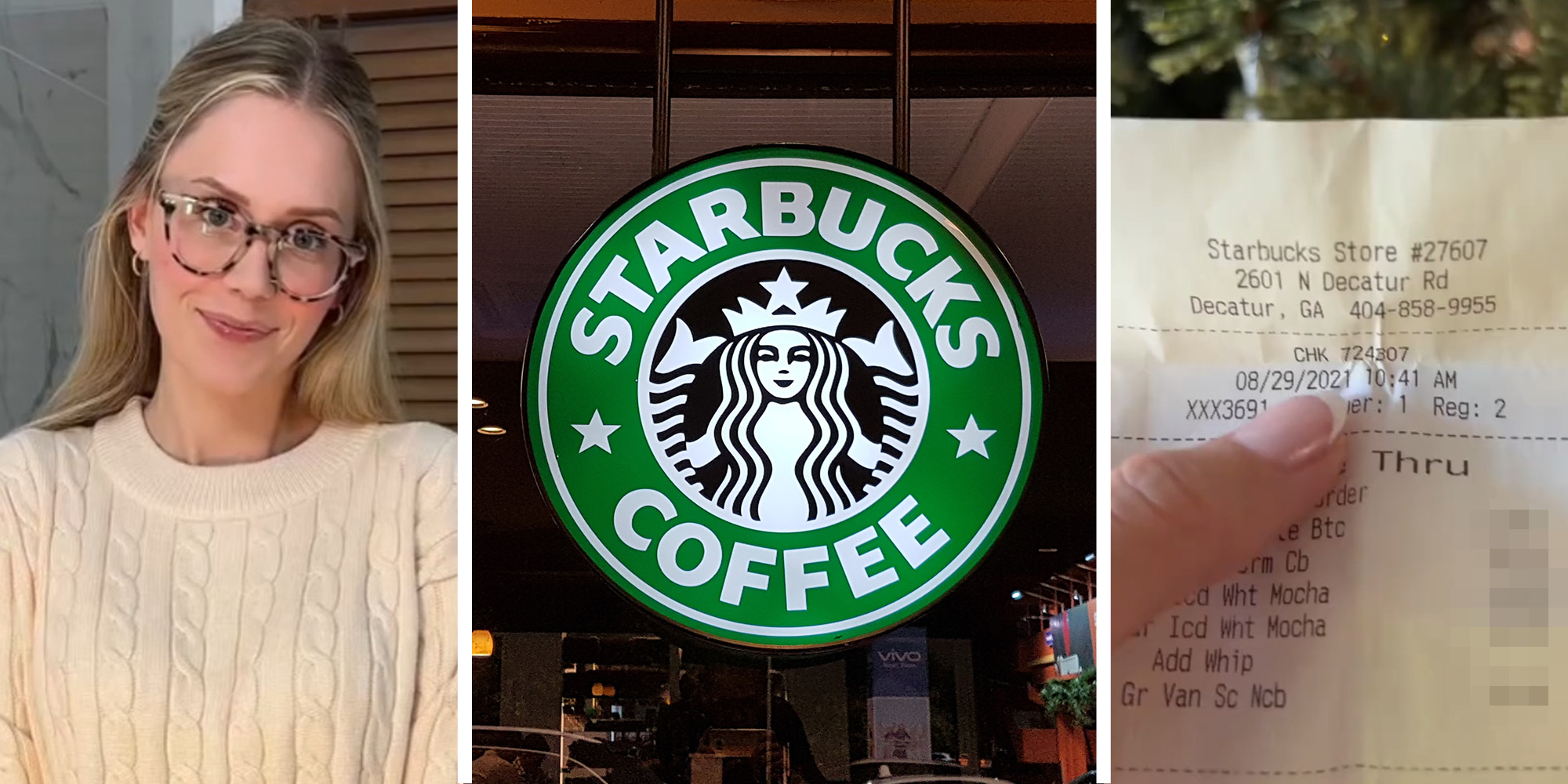 Blonde Woman wearing oversize sweater(l) Starbucks Sign(c) Starbucks Receipt(l)